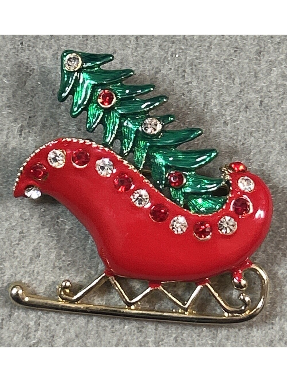 Vintage Enamel Christmas Tree Sleigh Brooch Rhinestones Costume Jewelry